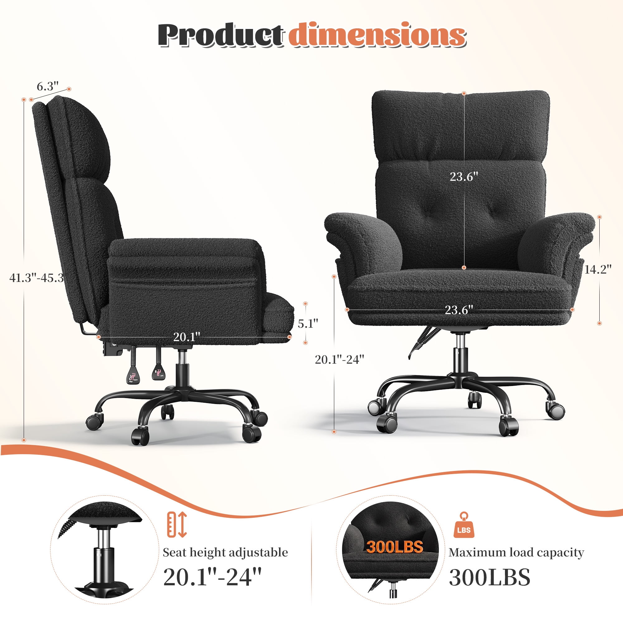 Romorgniz Criss Cross Chair with Armrests & Wheels Ergonomic Computer Gaming Chair with Two Side Pockets Teddy Plush Wide Seat Reclining Desk Chair for Home Office, Black