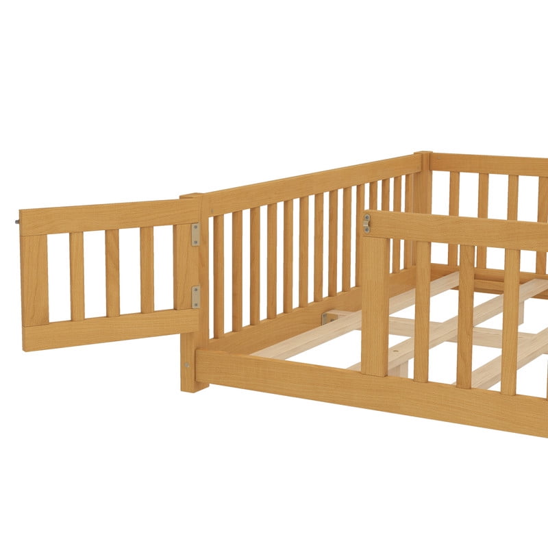 Montessori Bed with Rails, Queen Size Floor Bed with Door & Slats Support, Wood Playhouse Bed with Fence, No Box Spring Needed,Natural
