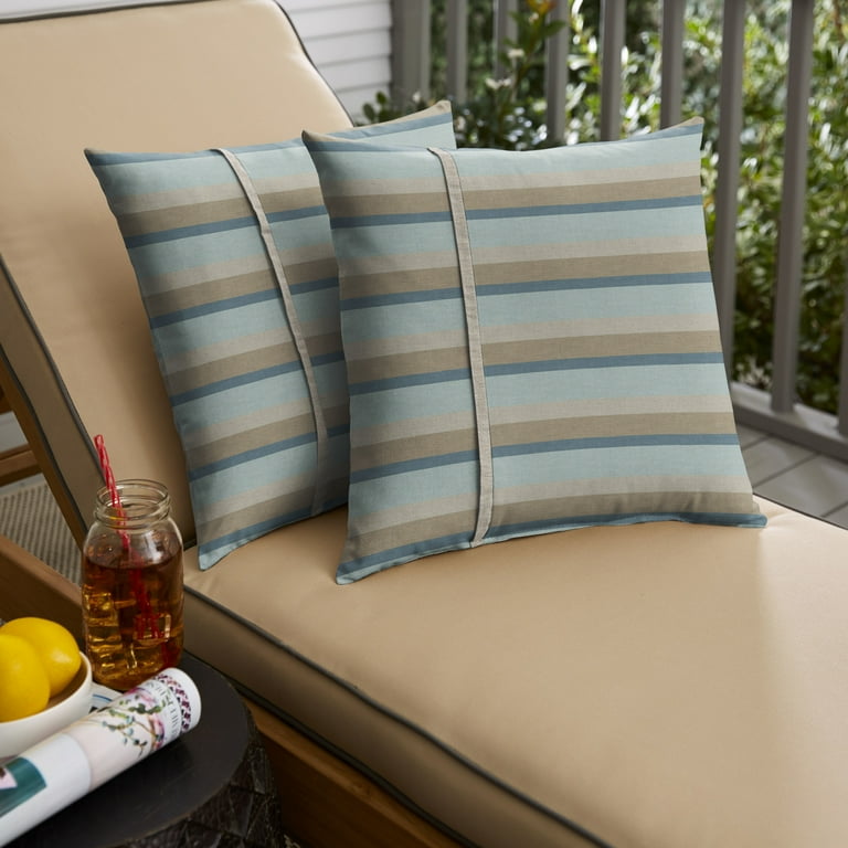 Humble and Haute Humble Haute Sunbrella Gateway Mist Stripe and Cast Silver Small Flange Indoor Outdoor Square Pillow Set of 2 22 in h x 22 in d