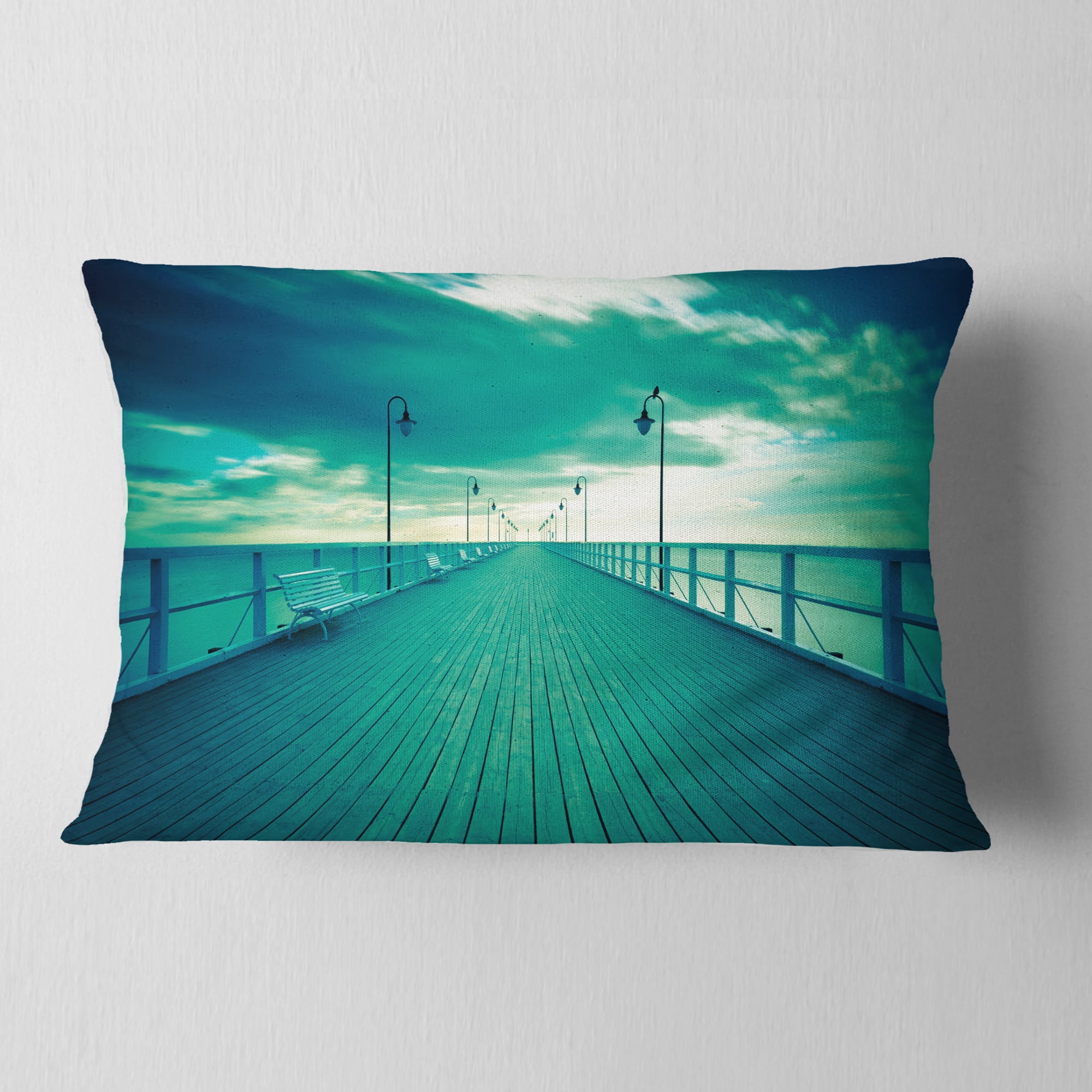 Designart Blue Seascape With Wooden Pier - Bridge Throw Pillow - 12x20