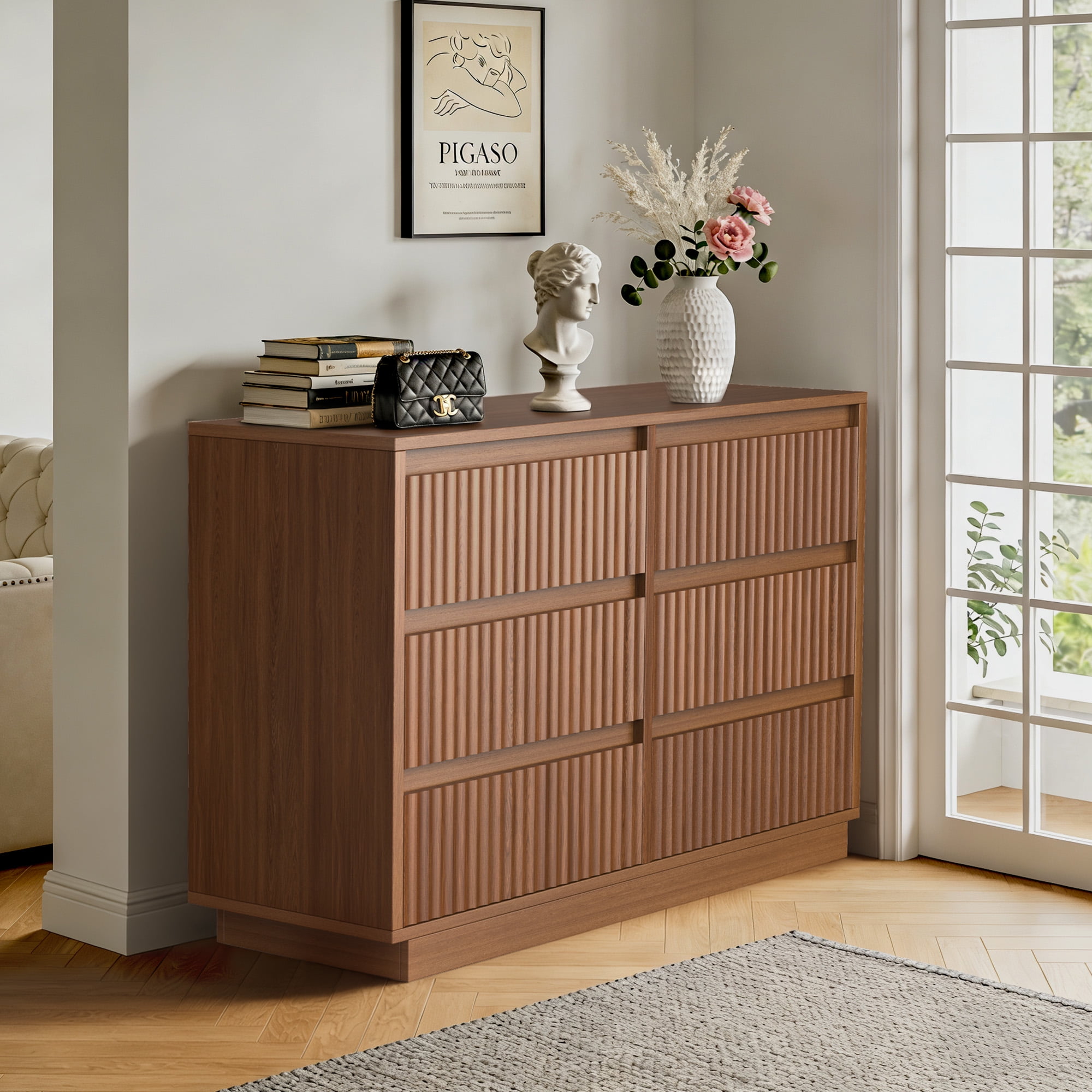 UPGO 44.8'' Fluted Dresser for Living Room, Bedroom, Hallway, Entryway with Deep 6 drawers, Wooden Dresser