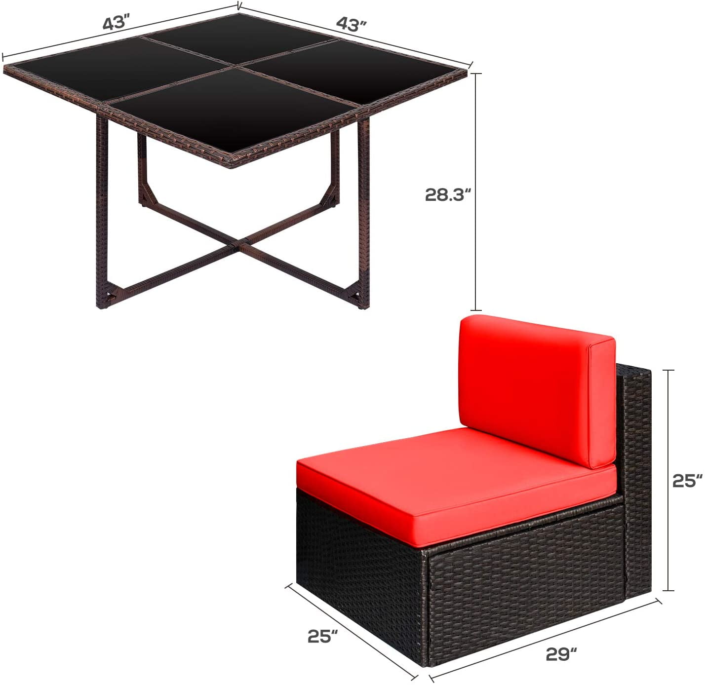 Vineego 5 Pieces Patio Dining Sets Outdoor Conversation Sets Wicker Patio Sectional Sofa with Tempered Glass Table(Red)
