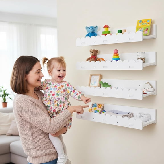 Scalloped Shelves - Set of 4 Pre-Assembled 15.6inch White Floating Nursery Book Shelves, Scalloped Book Shelf - Kids Wall Decor, Nursery Decor, Floating for Wall