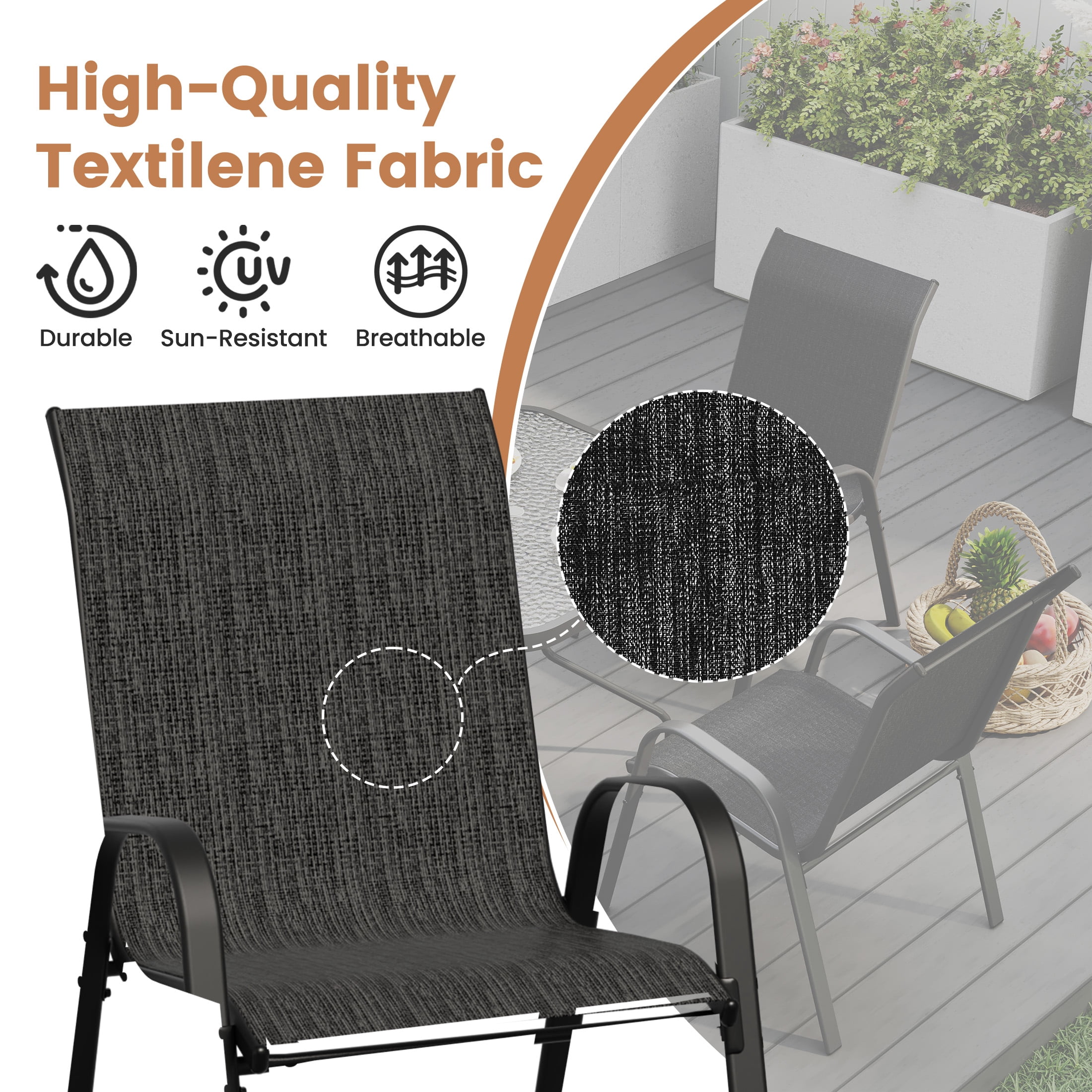 ELPOSUN Outdoor Dining Set of 5, Patio Table and Chairs Set, Textured Glass Tabletop, 4 Stackable Patio Chairs, Patio Furniture, Balcony, Porch, Lawn- Dark Grey