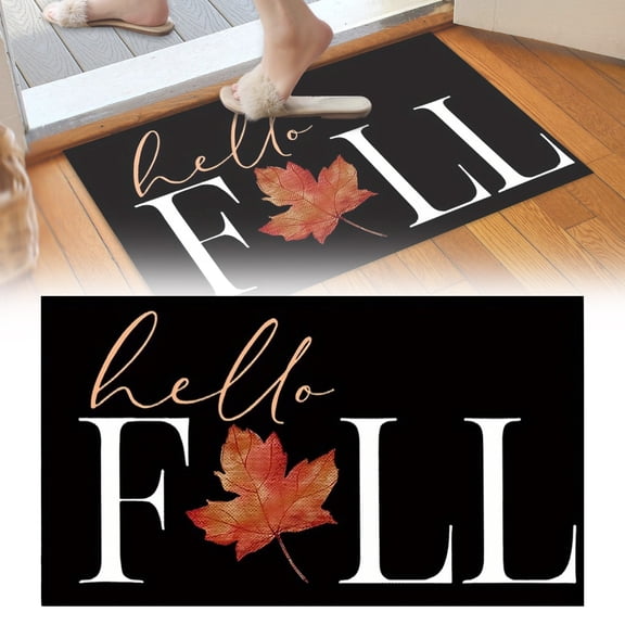 JUMNUYCUH Hello Fall Door Mat, Fall Maple Leaf Pattern Welcome Mat, Non-Slip Autumn Doormat for Fall Thanksgiving Home Kitchen Bathroom Entrance Decor, Fall Outdoor Rug, 24" x 16", Black