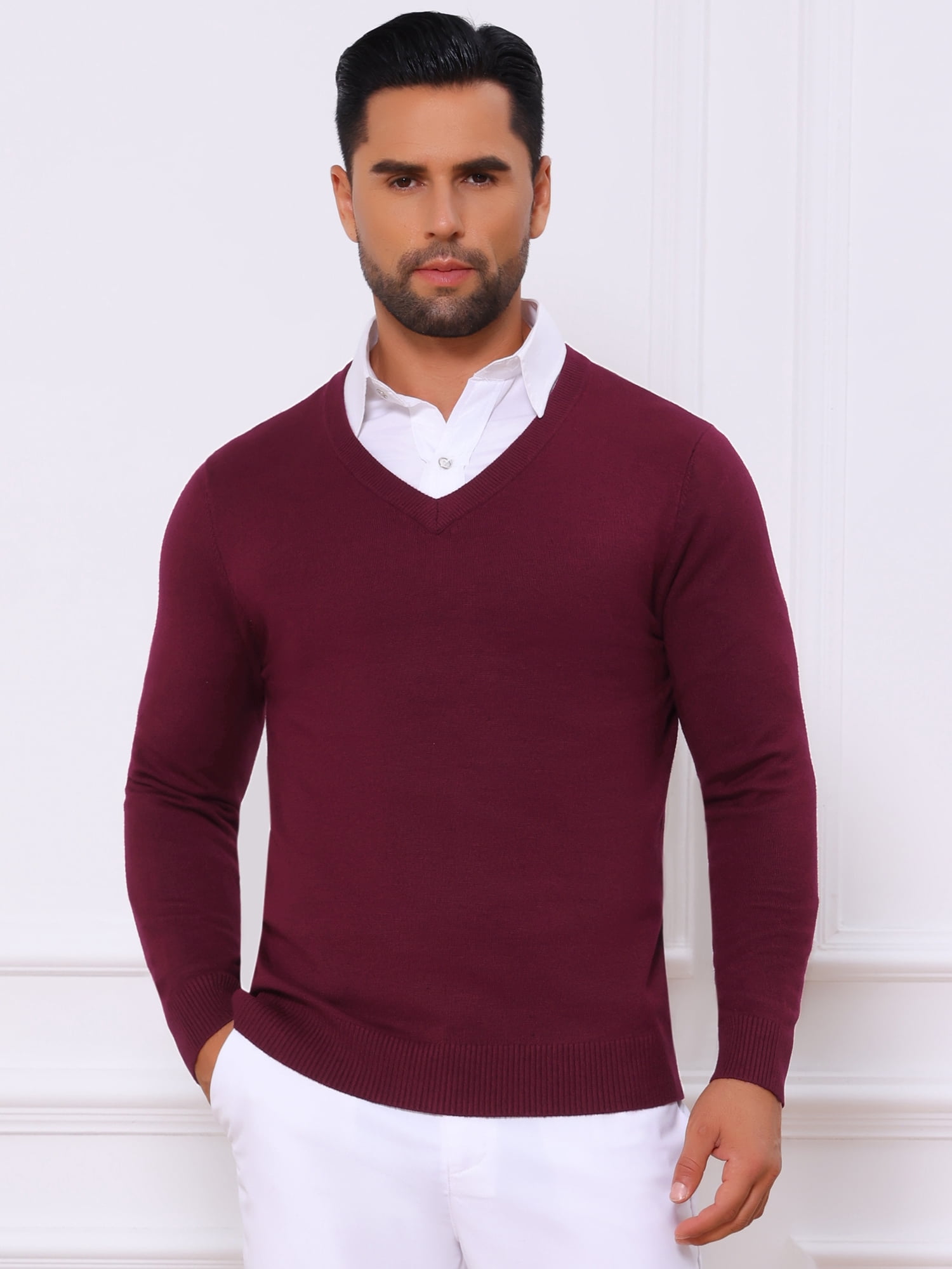 DARING DIVA Men's Long Sleeve V-Neck Solid Knitted Pullover Sweater S Burgundy
