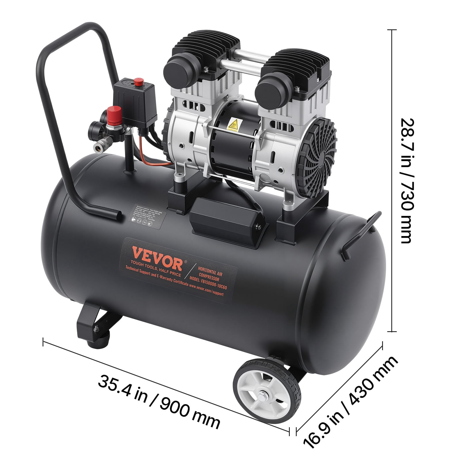 VEVOR Air Compressor, 15 Gallon Steel Tank, 2HP 5.3 CFM@90 PSI Oil Free Air Compressor & Max. 125PSI Pressure, 78dB Ultra Quiet Portable Compressor, for Auto Repair, Tire Inflation, Spray Painting