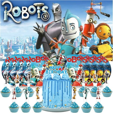 Robots Birthday Supplies Plates Decorations Decor Backdrop Banner Cake Topper Fans