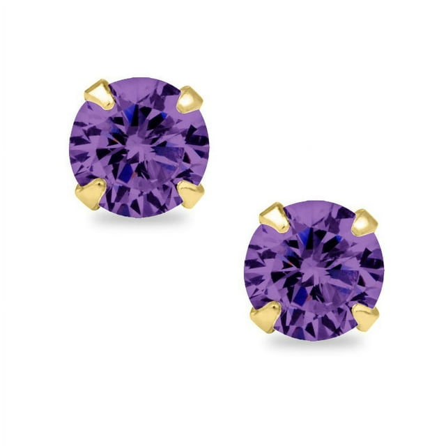 Precious Stars Boucles d'Oreilles en Or Jaune 14K, Pierre de Naissance de Février, Taille Ronde 6 mm, Clous de Sécurité à Vis
