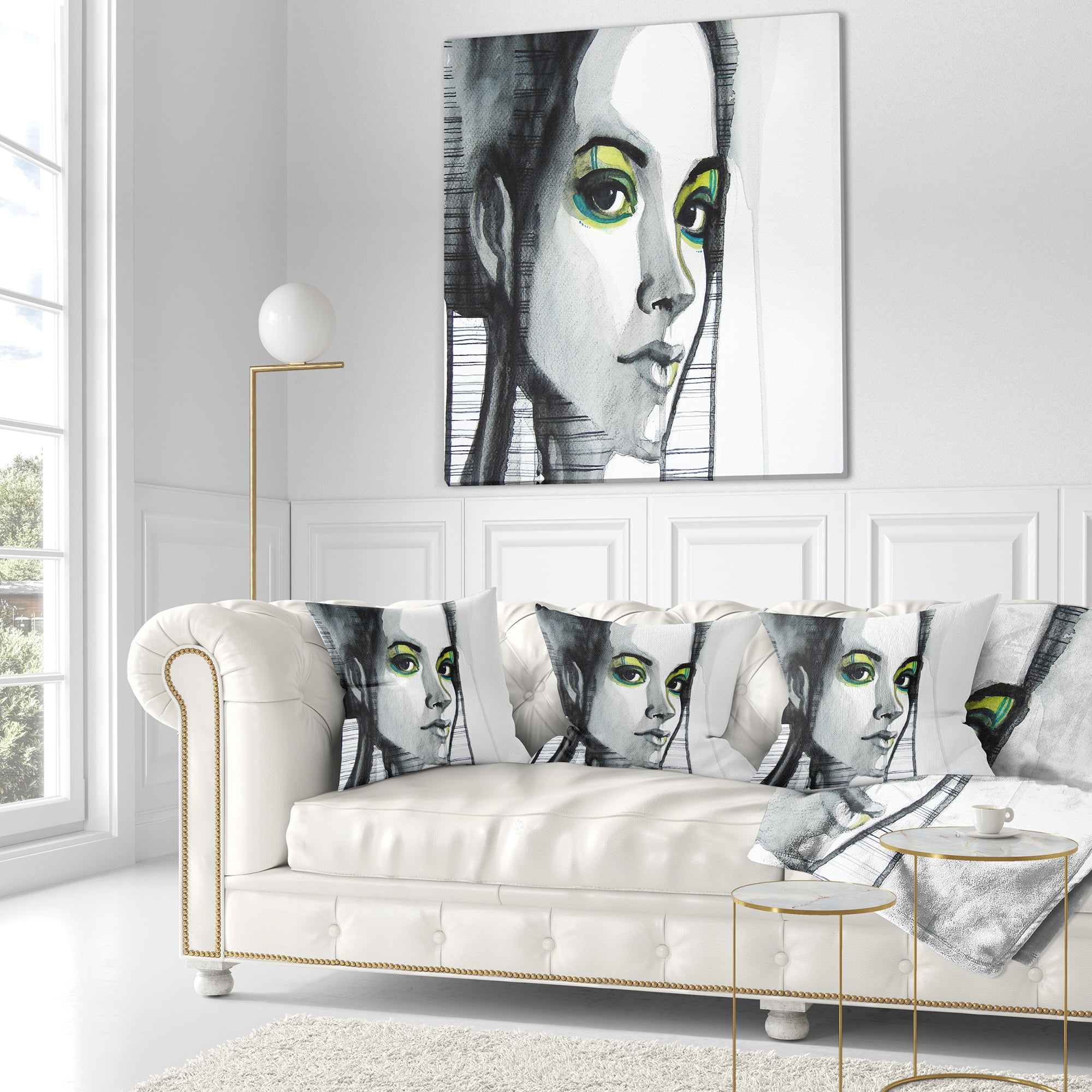 Designart Black Illustrated Girl - Abstract Portrait Throw Pillow - 18x18