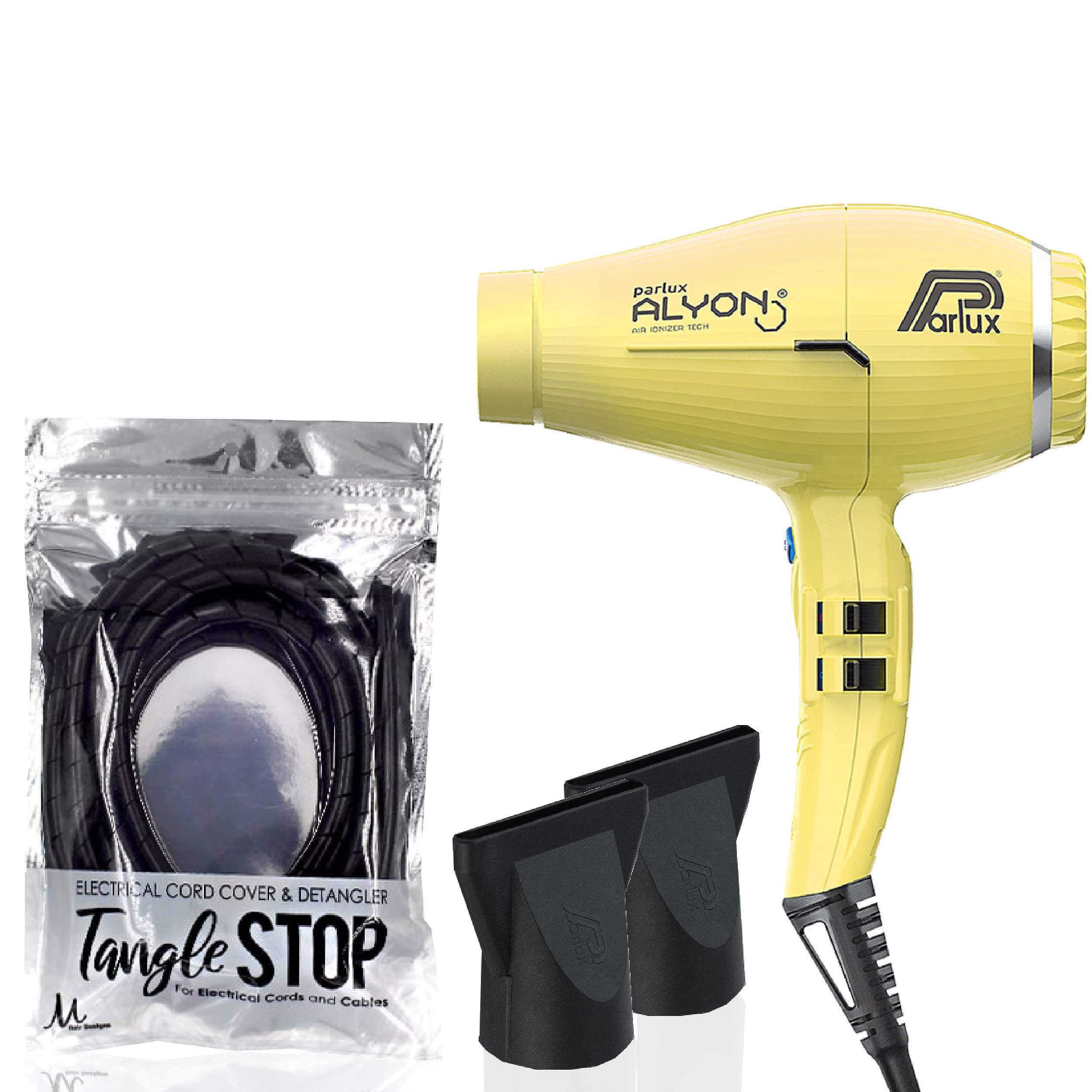 Parlux Alyon Yellow Eco Friendly Hair Free System Hair Dryer and M Hair  Designs Tangle Stop Cord Cover Detangler Black (Bundle - 2 Items) -  Walmart.com