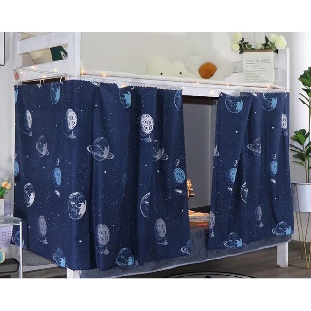 Bamboohart Rideau de Lit Superposé pour Dortoir d'Étudiants, Rideau Anti-Lumière, Intimité de Colocataire (Bleu Foncé - Planète 1,2 m)