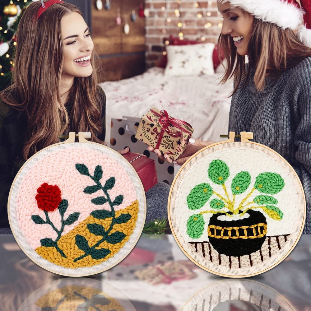 2 Pack Flowers in Vase Easy Punch Needle Embroidery Starter Kits for Kids and Adults Beginners with Punch Needle Tool,Threader, Stamped Fabric Embroidery,Hoop,Pen, Punch Needle Kits