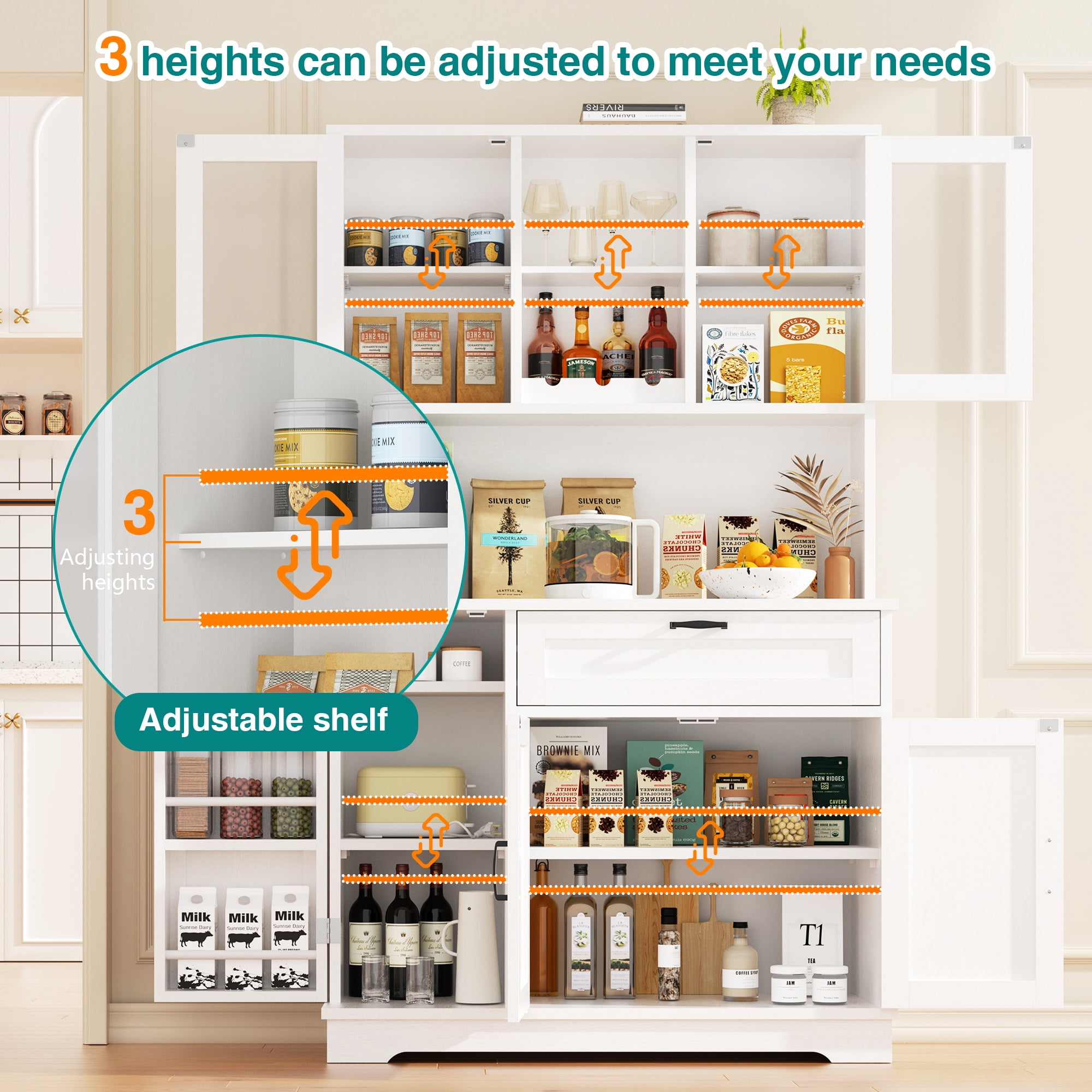 Walsunny Pantry Cabinet with Microwave Shelf Doors Drawer for Kitchen Storage 68" Tall Kitchen Food Cabinet Pantry Organizer Shelves Coffee Bar Cabinet with Hutch White