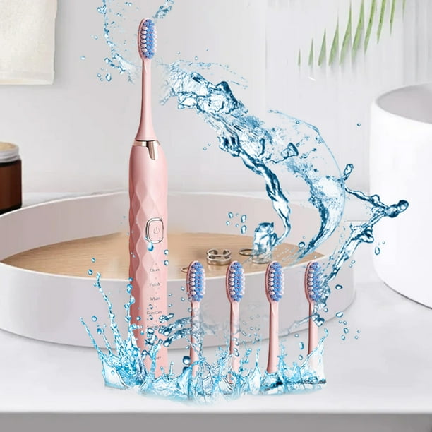 Cepillo de dientes eléctrico con 5 cabezales y 6 modos - 45000/min, impermeable IPX7, batería de 60 días, carga USB, blanco/azul/rosa