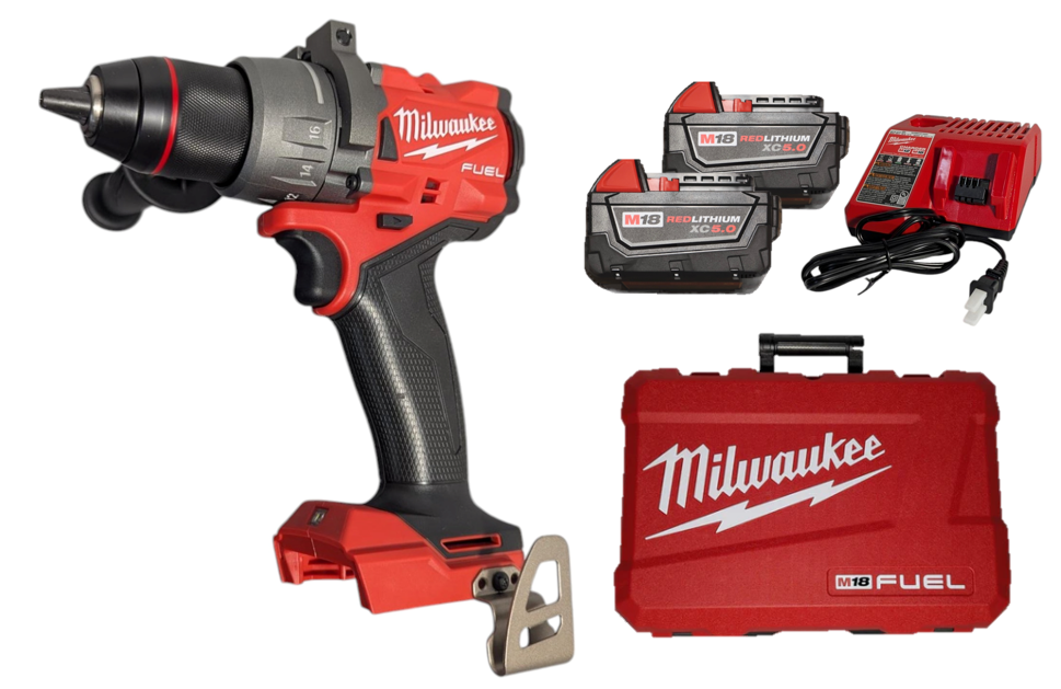 Milwaukee M18 FUEL 1/2" Hammer Drill Driver Kit – Compact, High-Torque Cordless Drill with (2) XC5.0 Batteries, M18/M12 Charger, & Hard Case - 2904-22