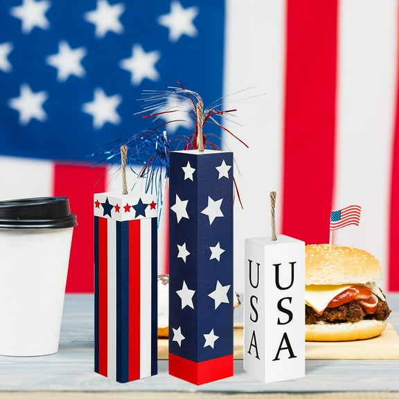 Cool Tools For Desktop 3 Pieces, Patriotic Table Centerpiece, Independence Day Wooden