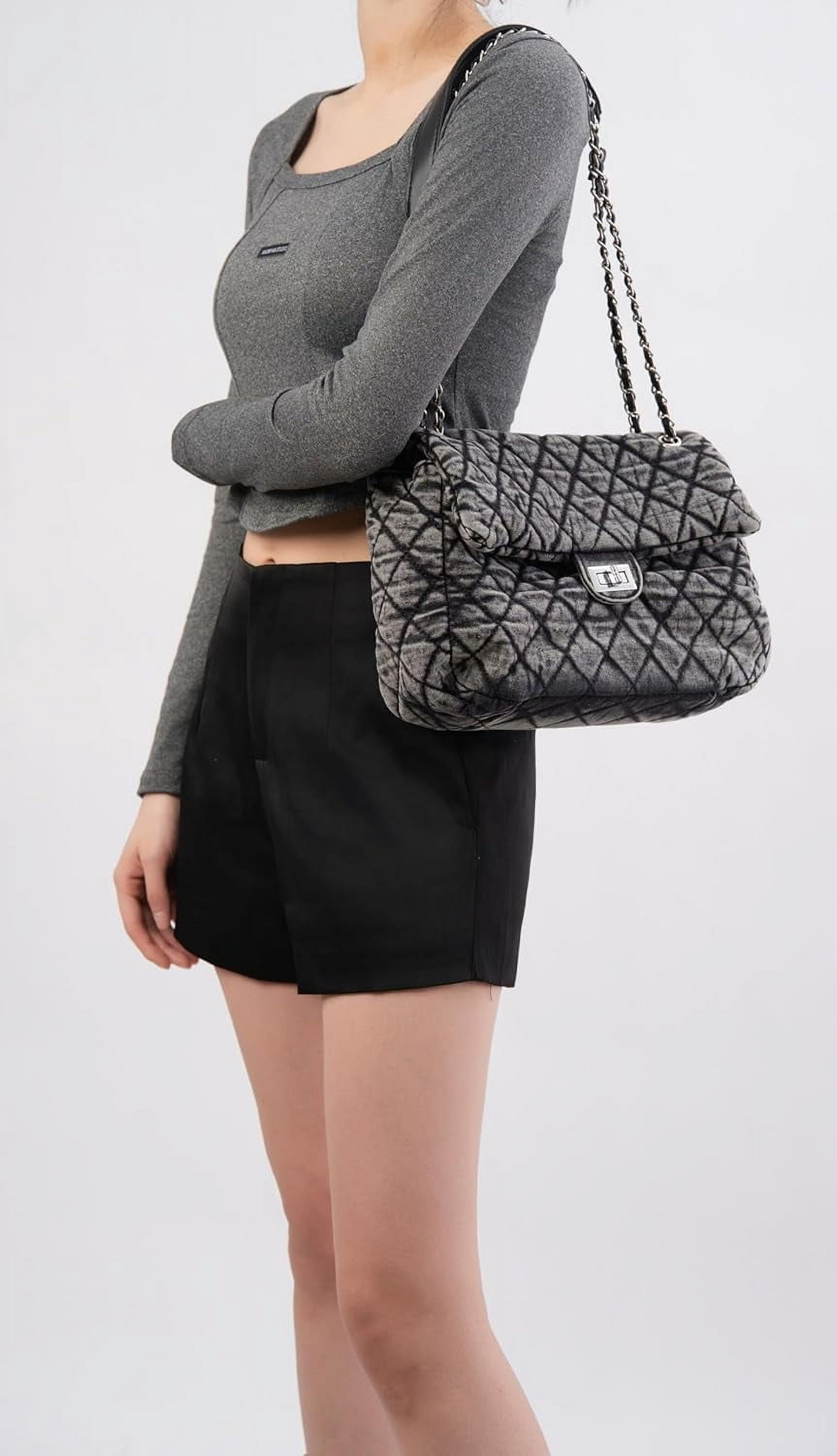 NANAHuang Retro Quilted Denim Purses for Women Crossbody Tote Bag for Womens Shoulder Bags Chain Over Washed Jeans Handbags Black Blue
