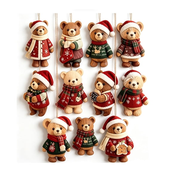 Christmas Bear Wooden Ornaments 10 PC Set Santa Hat Knit Sweater Hanging Tree Decoration