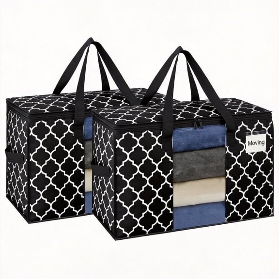 2-Pack Large Clothes Storage Bins with Reinforced Handles, 77L Foldable Fabric Organizers with Clear Window and Label Pocket for Blankets, Bedding, Moving, Black Pattern