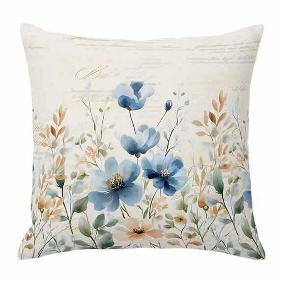 Blue Flowers Rustic Pillow Covers 24x24 Inch, Spring Vintage Botanical Floral Beige Linen Pillowcase with Invisible Zipper, Decorative Throw Pillow Covers Cushion Case for Couch Sofa Bed Living Room
