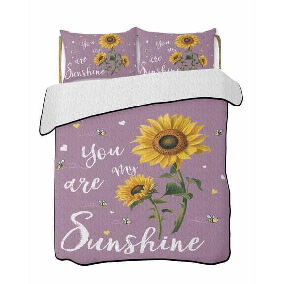 You Are My Sunshine Quilts Bedding Set California King Vintage Country Yellow Sunflower Floral Bee Light Purple Quilted Bedspread 3 Piece Bed Quilt with 2 Pillow Shams for Bedroom 96" x 106"