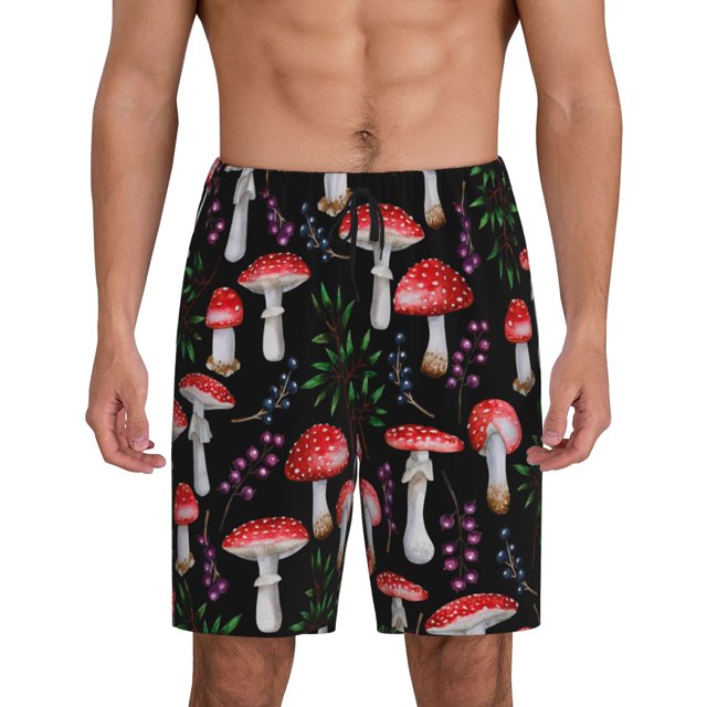 Balery Red Mushrooms Pantalones cortos de pijama de punto de algodón para hombre con cinturilla y bolsillos-Medium