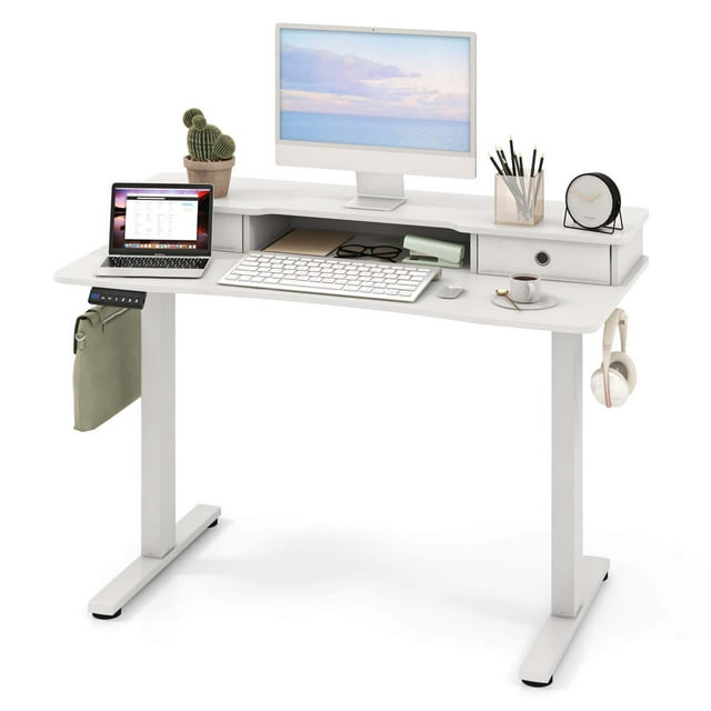 Costway Bureau Debout Électrique 48 Pouces x 24 Pouces avec 2 Tiroirs, Support d'Écran, Tablette de Rangement, Blanc
