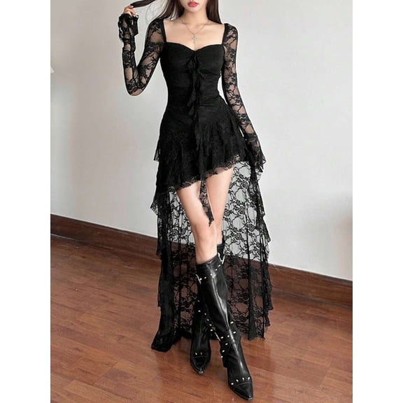 Black Dress With Square Neck And Bell Sleeves