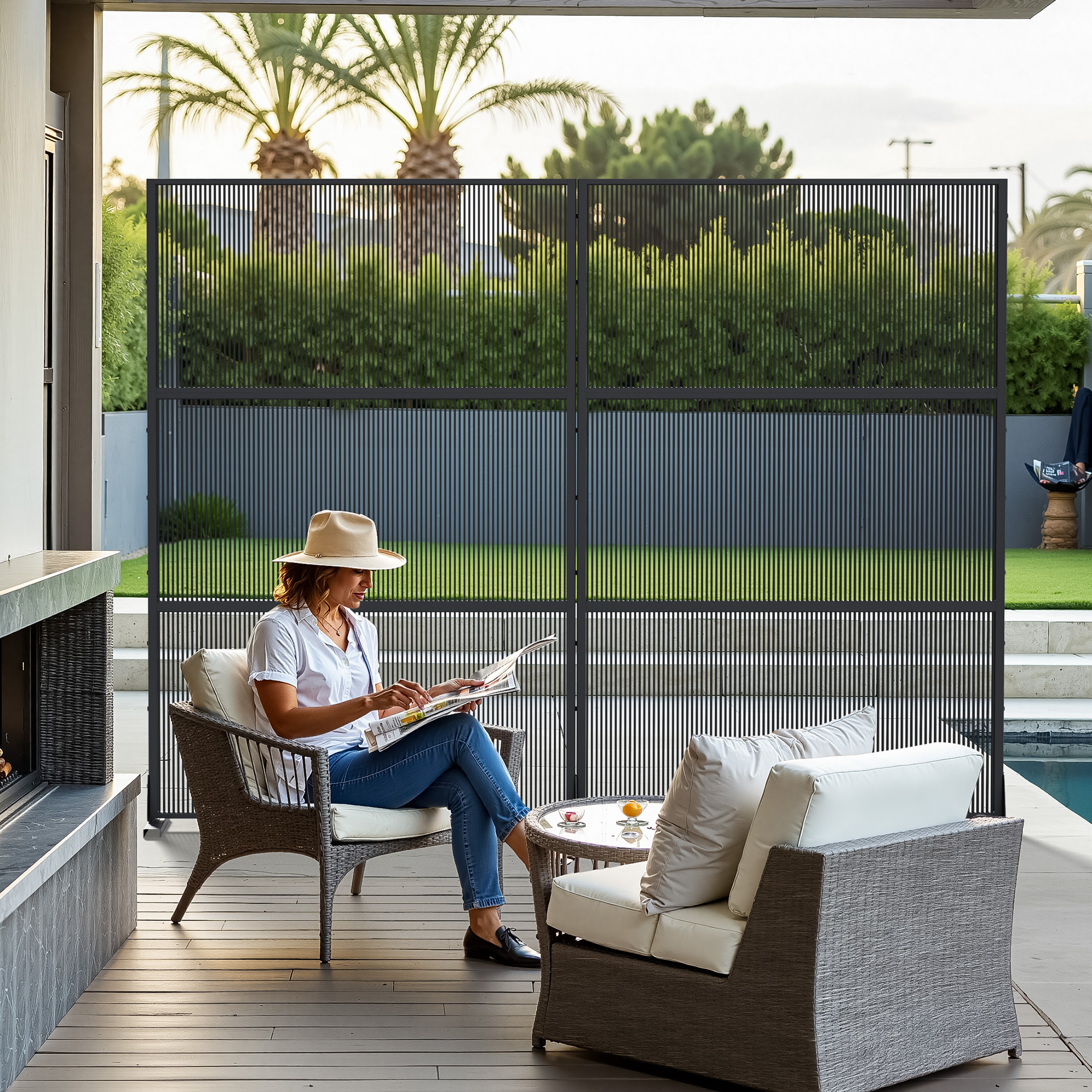 MAYEERTY 72×47" Outdoor Black Rattan Privacy Panel Screen for Backyard & Garden, Horizontal Striped Pattern