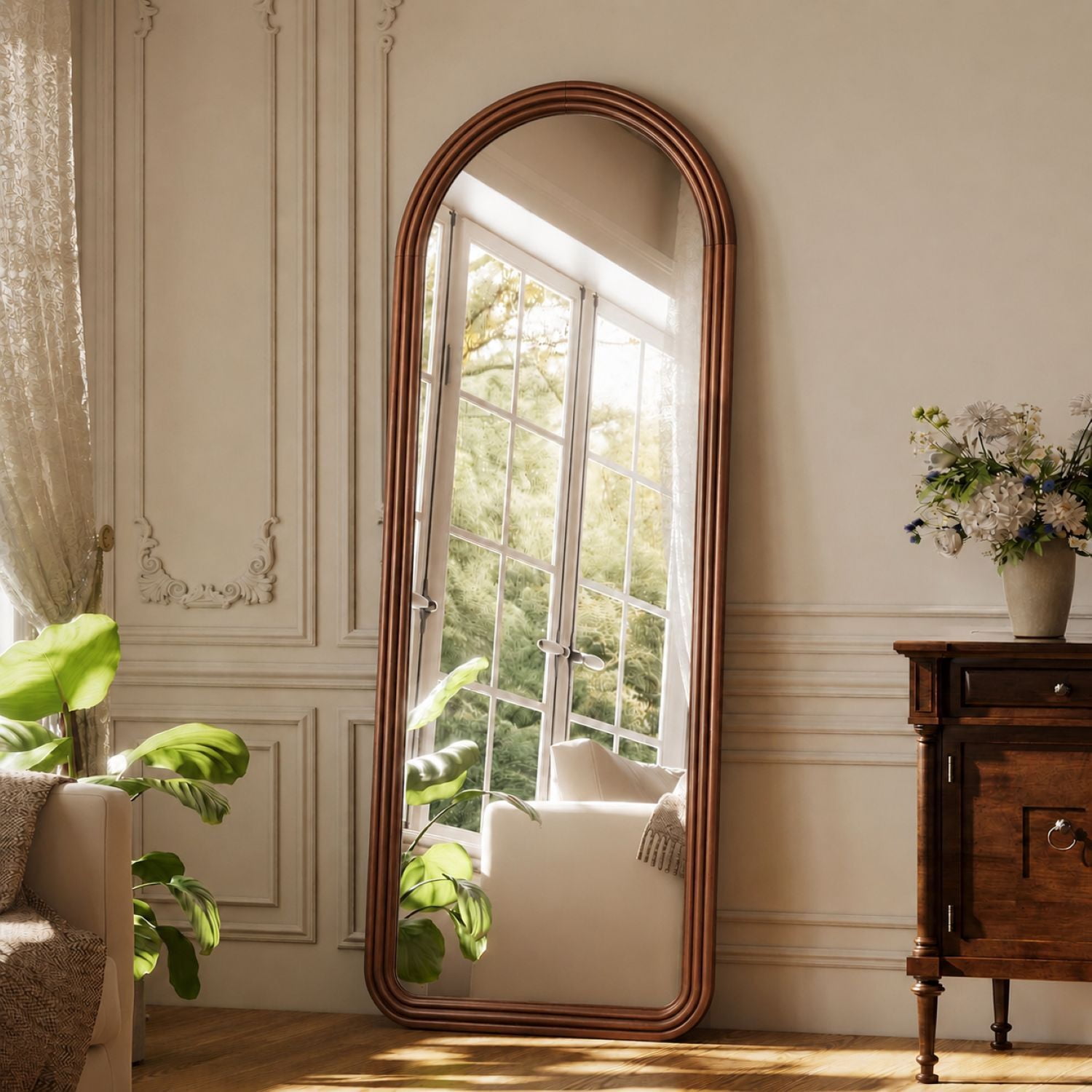 Easy4Home 65" x 24" Wooden Arched Full Length Mirror Vintage Floor Mirror, Walnut