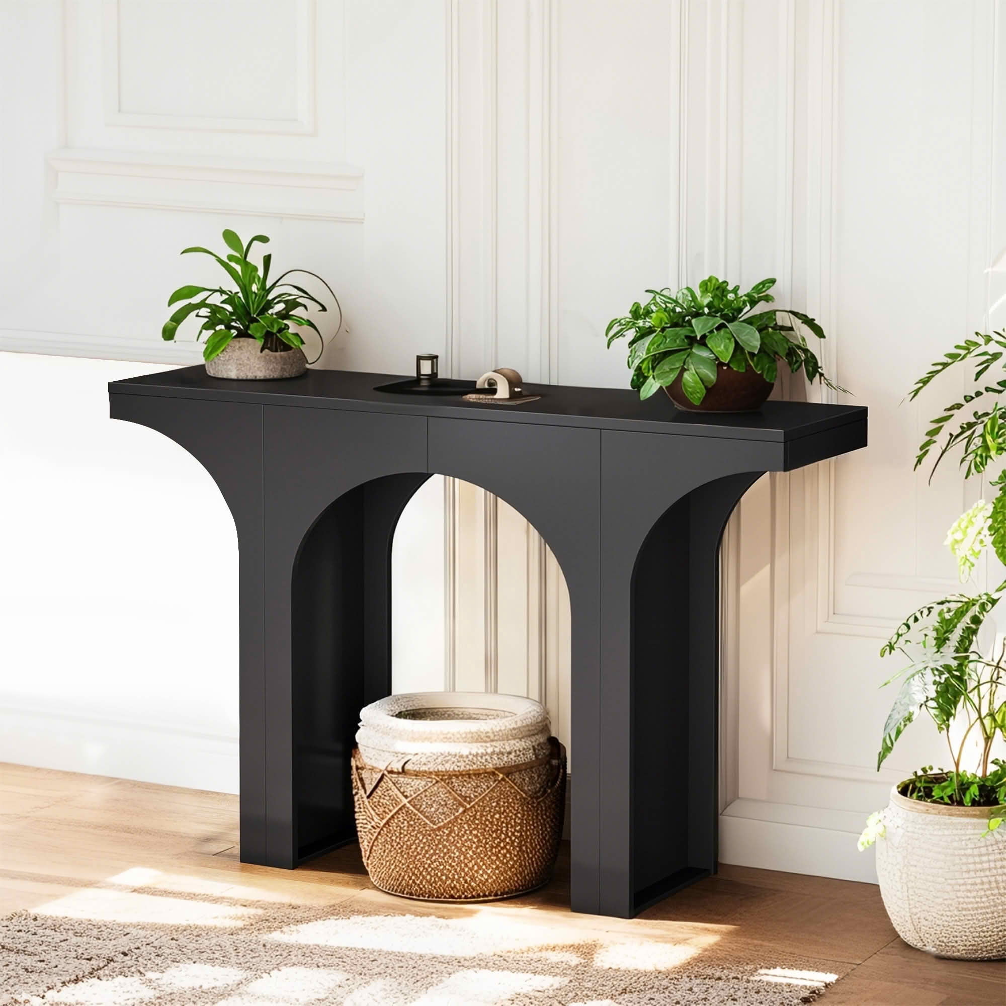 MAYEERTY 47 Inch Minimalist Arch Base Wooden Console Table, E1 Wood Block Spliced Narrow Entry Decor Sofa Display Table