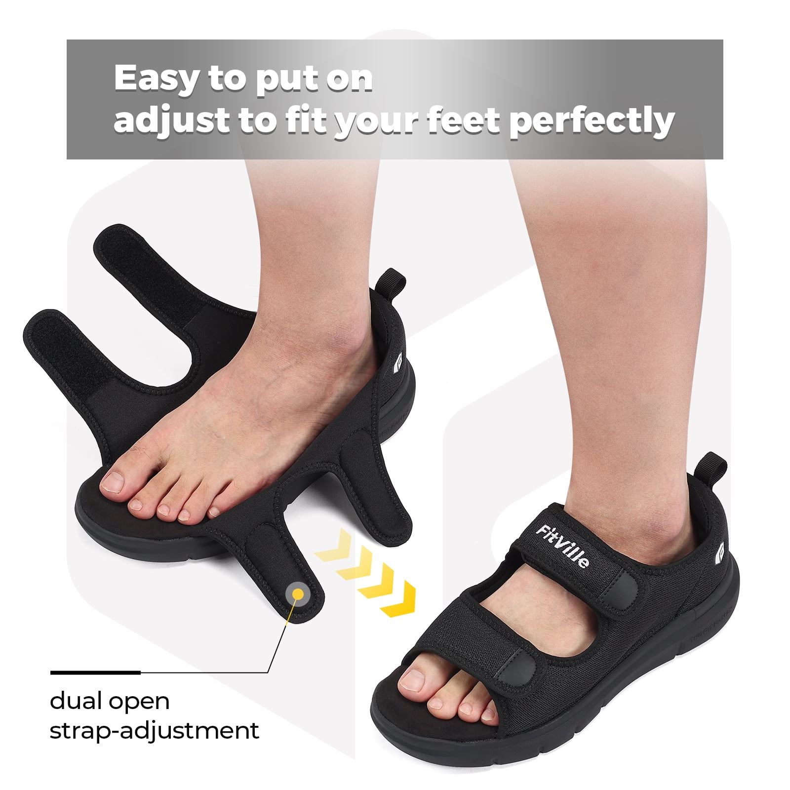 FitVille Adjustable Diabetic Sandals for Men Wide Width Sandals with Arch Support, Black, 10.5 Wide