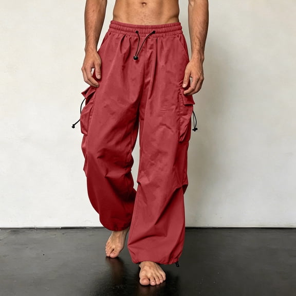 NEBWOAK Oversized Parachute Cargo Pants Mens Lightweight Multi-Pocket Streetwear Red,Size M