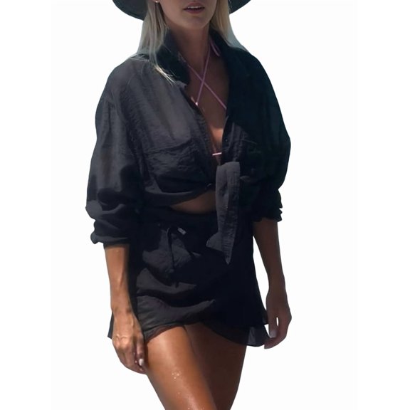 2 Piece Summer Outfits Button Down Shirt Top and Skirts Casual Lounge Sets Black One size