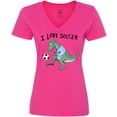 thumbnail image 3 of Inktastic I Love Soccer-Dinosaur in Blue Women's V-Neck T-Shirt, 3 of 5