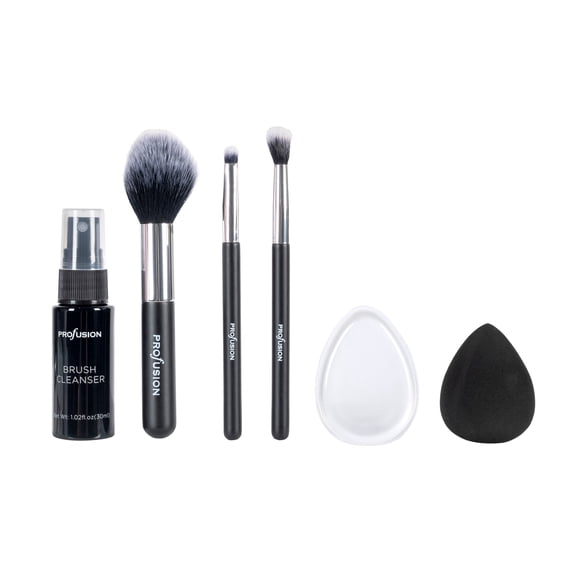 Profusion Cosmetics White Crystals Brush and Cleanser Set, 6PC Kit Includes 3 Brushes, 1 Sponge, 1 Silicone Applicator with 1 Cleaning Solution