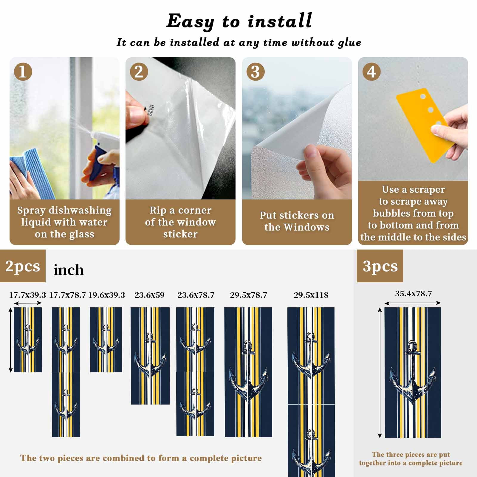 Vintage Anchor Window Privacy Film, Yellow Blue Striped Frosted Glass Window Clings Static Cling UV Heat Blocking Reusable Door Sticker for Bathroom 23.6 x 59 Inch