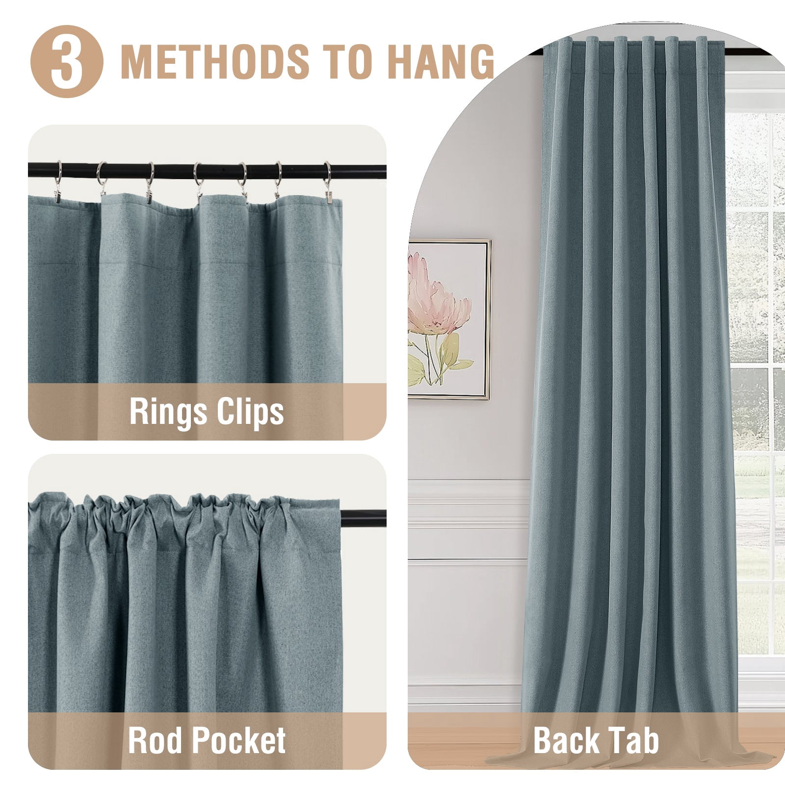 PrimeBeau 100% Blackout Curtains 96 Inch Length 2 Panels Set for Bedroom Windows/Living Room Thermal Insulated linen-like fabric Blend Curtain Rod Pocket/Back Tab Stone Blue
