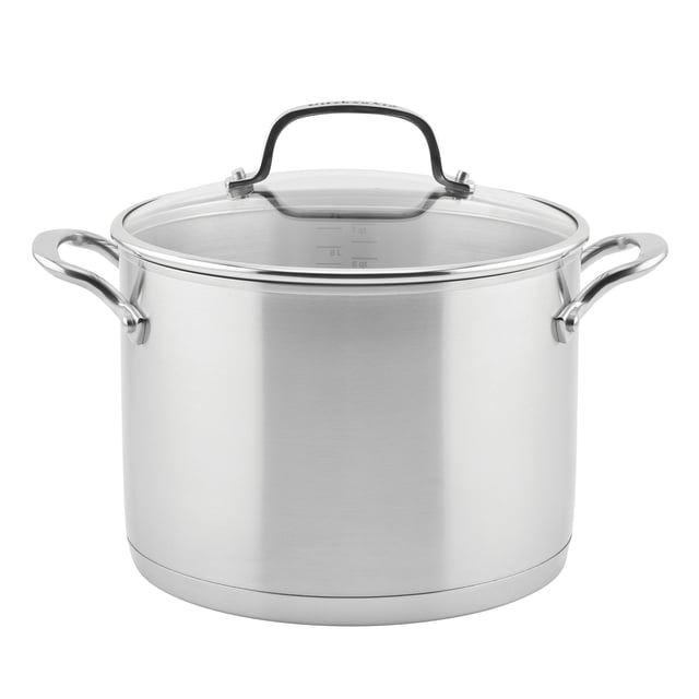 KitchenAid Marmite à Soupe en Acier Inoxydable à Base 3 Plis avec Couvercle, 8 Pintes, Acier Inoxydable Brossé