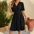 thumbnail image 4 of HJYCHN Elegant Women's Casual V-Neck Flared Sleeves Solid Color Dress with Waist for Everyday Style Black L, 4 of 8