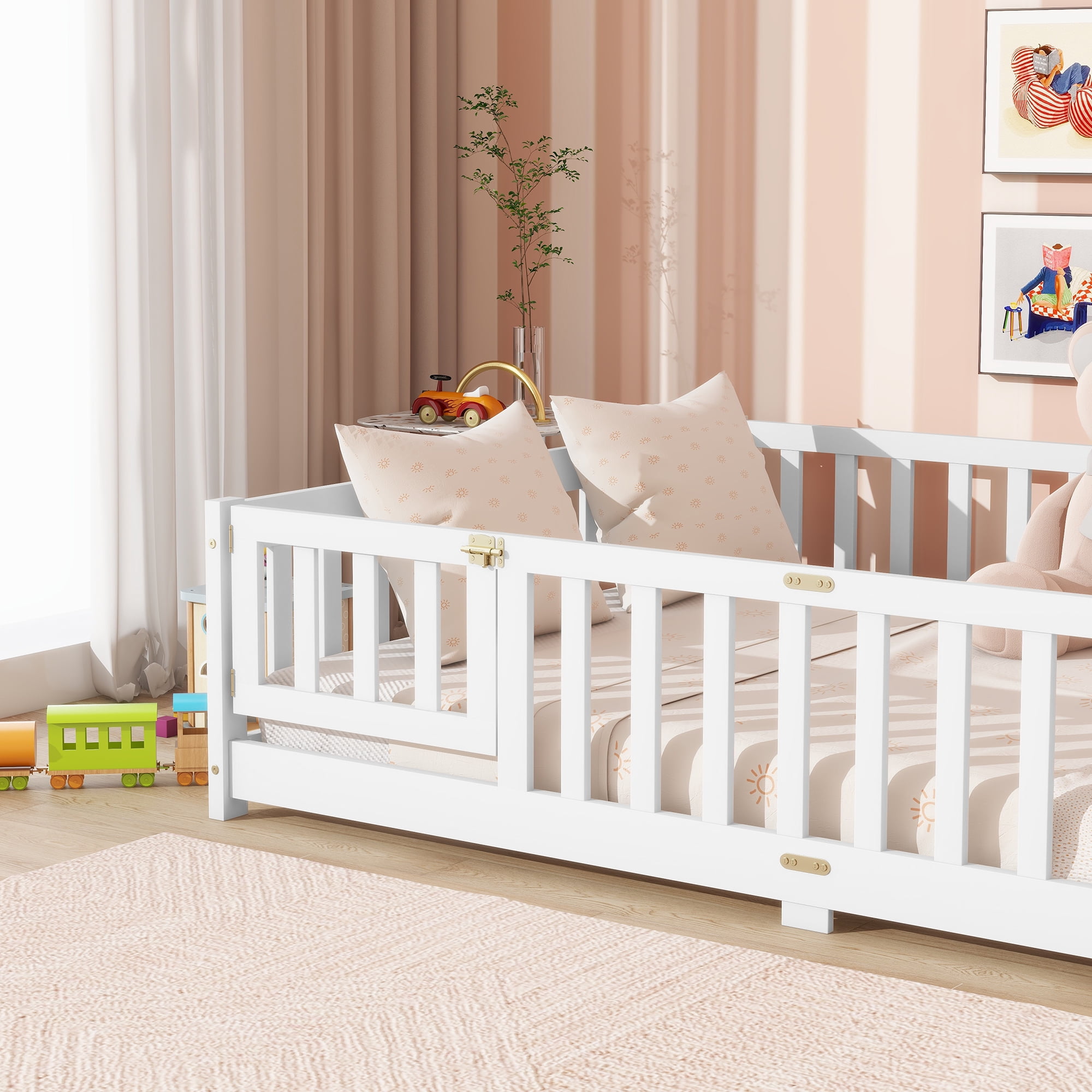 Miniyam Full Size Floor Bed with Guardrails and Door for Kids, White