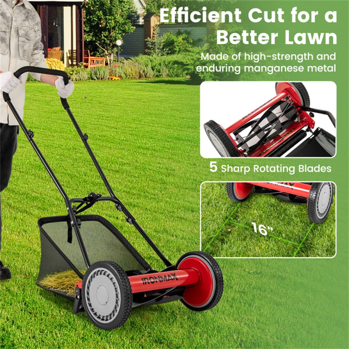 16" Red Push Lawn Mower – 5-Blade Cutting System 7 Gal Grass Catcher Bag & Adjustable Height