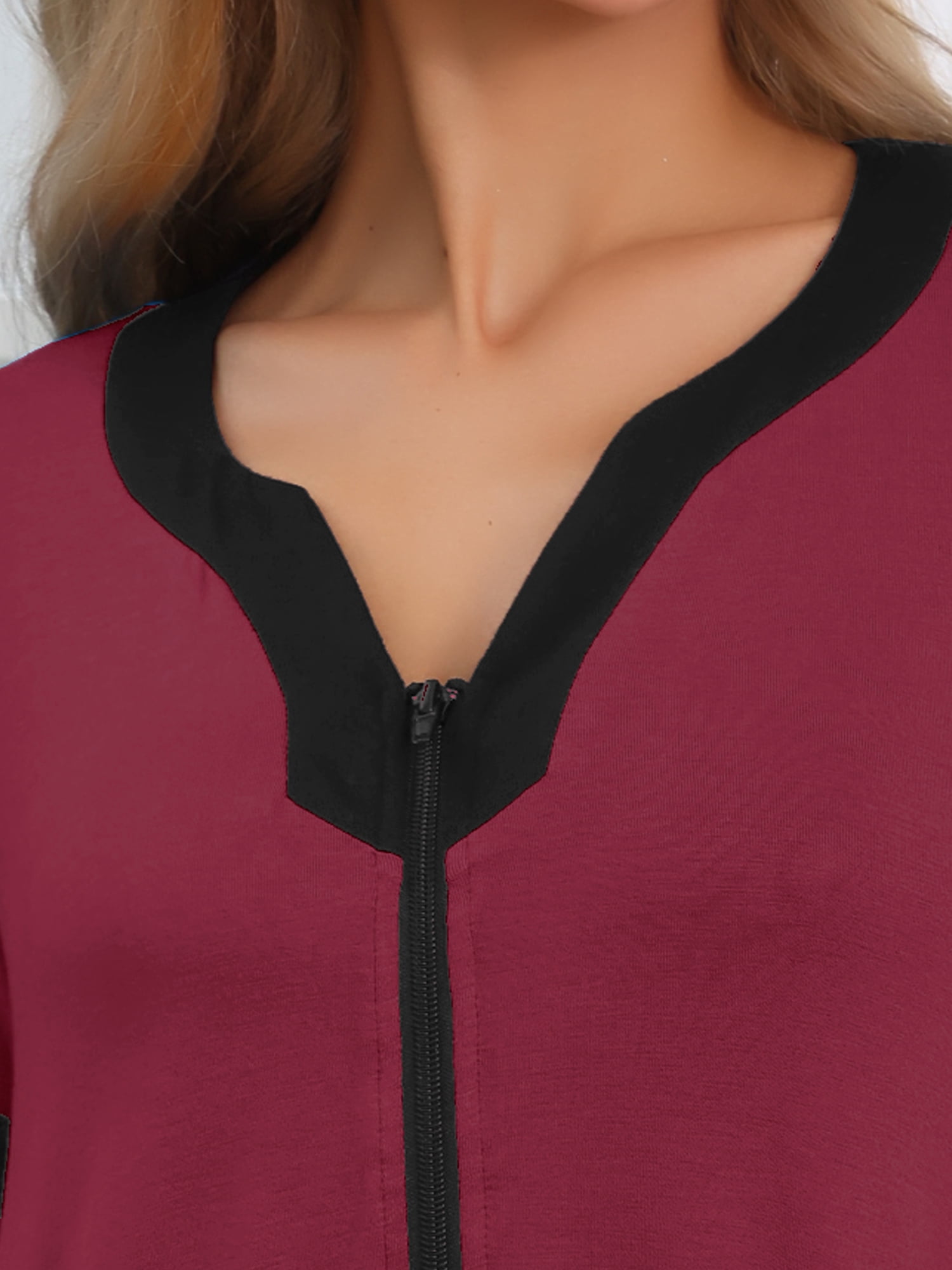 DARING DIVA Women's Zipper Front Short Sleeves Zip Up Sleepwear with Pockets S Red