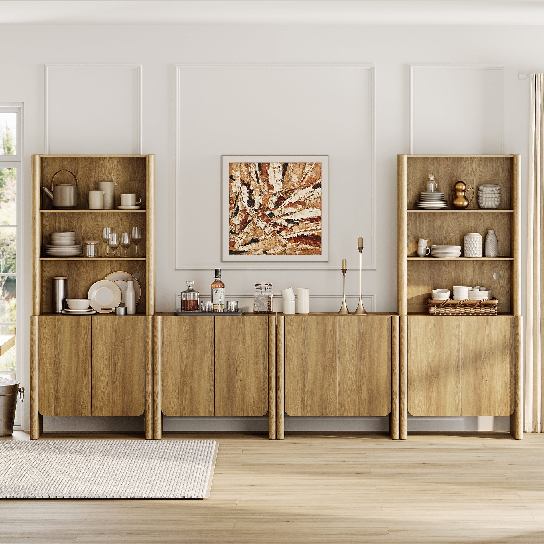 Modern French TV Stand with Bookshelves, 126-Inch Media Console, 4 Doors and Open Shelving, Supports TVs up to 70 Inches, Walnut