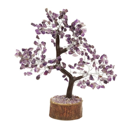 HARMONIZE Amethyst Silver Wire Stone Tree- Bonsai Feng Shui Gemstone Decorative Tree With Amethyst tree with wooden base