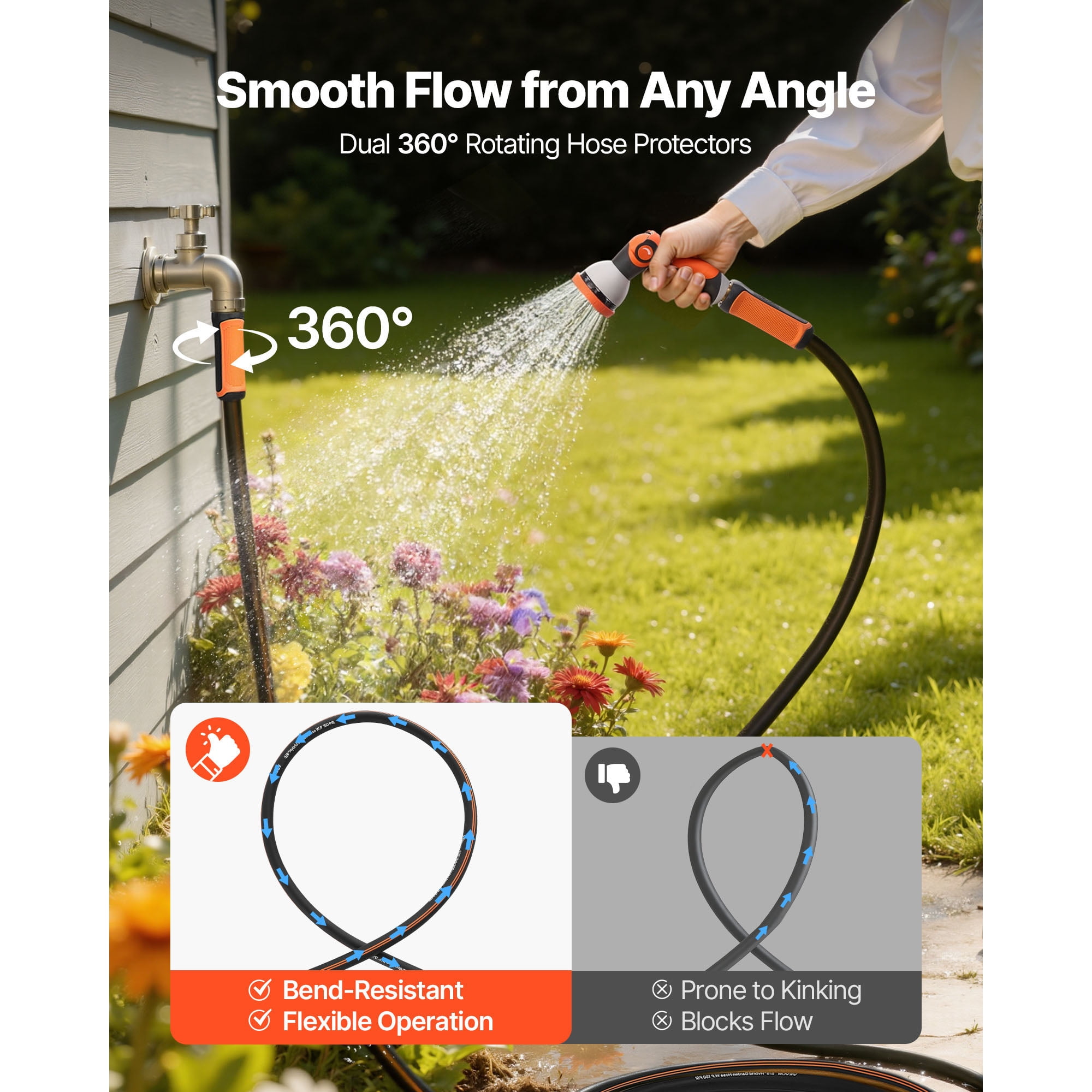 KFFKFF 200 ft 5/8" Durable Rubber Garden Hose with 10-Mode Spray Nozzle, 150PSI Working Pressure & 600PSI Burst Strength, Flexible Outdoor Water Hose with 3/4" Connector, Lightweight Design