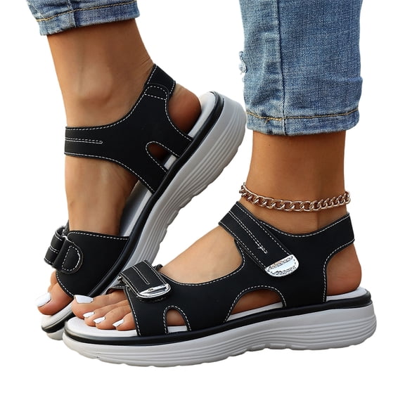 Domuza Wide Sandals for Women Dressy Strappy Arch Support Flat Wedge Sandals Women Open Toe Ankle Strap Comfortable Platform Slip-On Walking Shoes Black 8(EU-40)