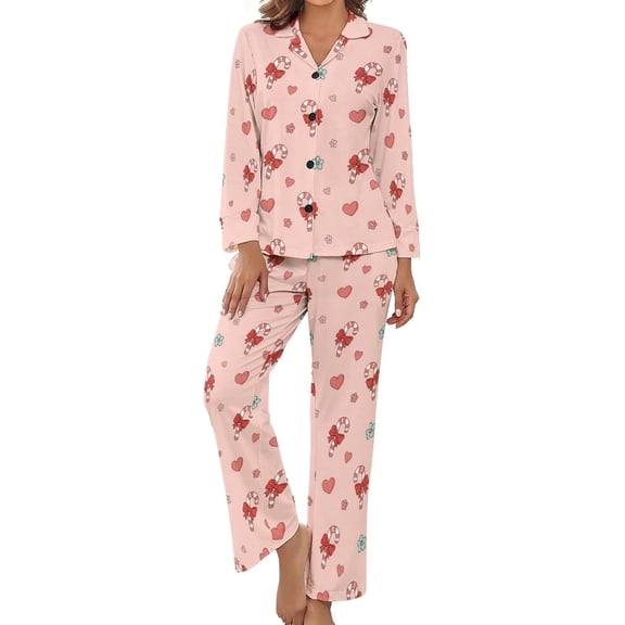 SKQIT Womens Pajamas Set Candy Canes Hearts Soft Long Sleeve Sleepwear Button Down Sets