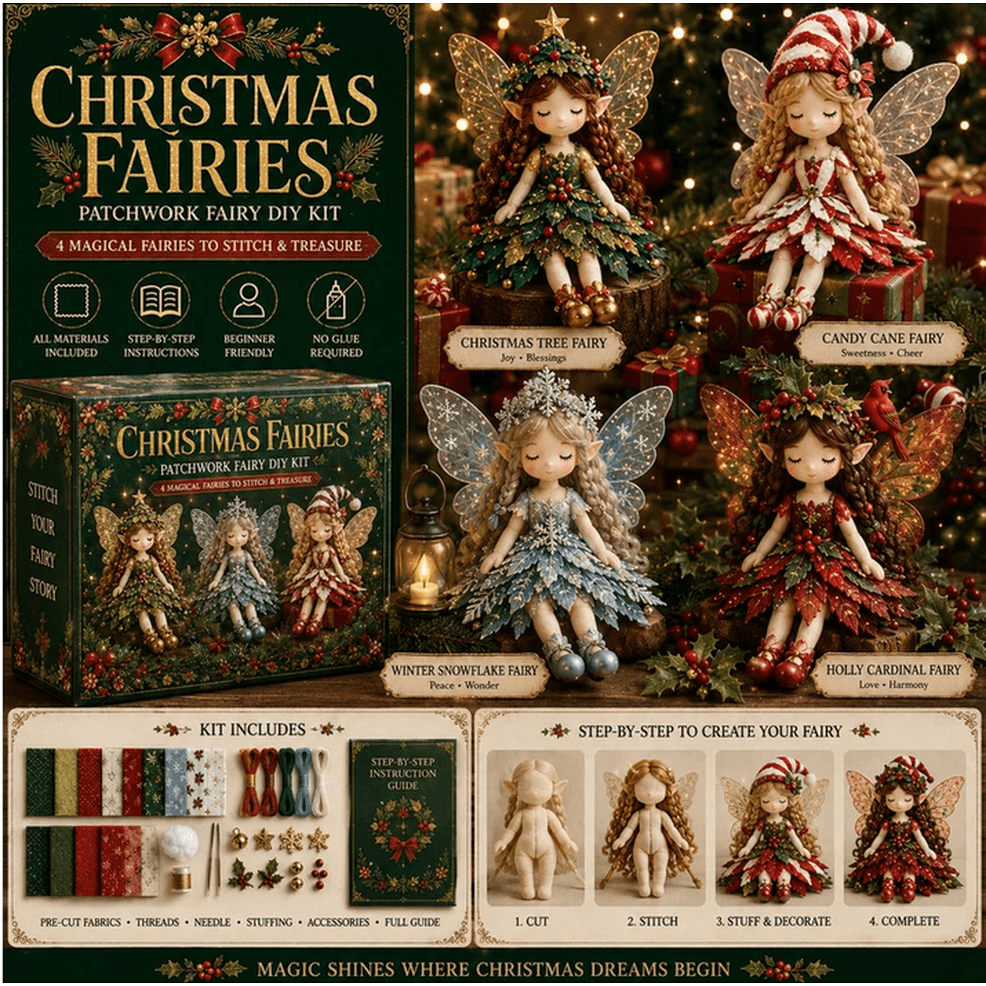 4 PCS Craft Kit for Christmas Patchwork Fairies Holiday Sewing Kit for Diy Projects Great Christmas Gift for Craft Lovers Fits Vintage Home Decor and Farmhouse Decor Display Christmas Fairies